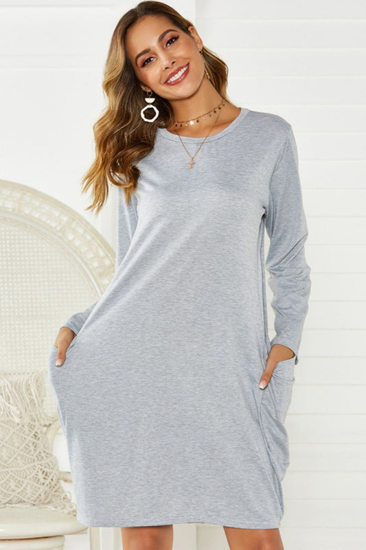 Pocketed Round Neck Long Sleeve Dress