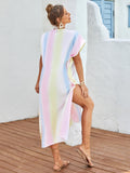 Slit Striped Notched Short Sleeve Cover Up