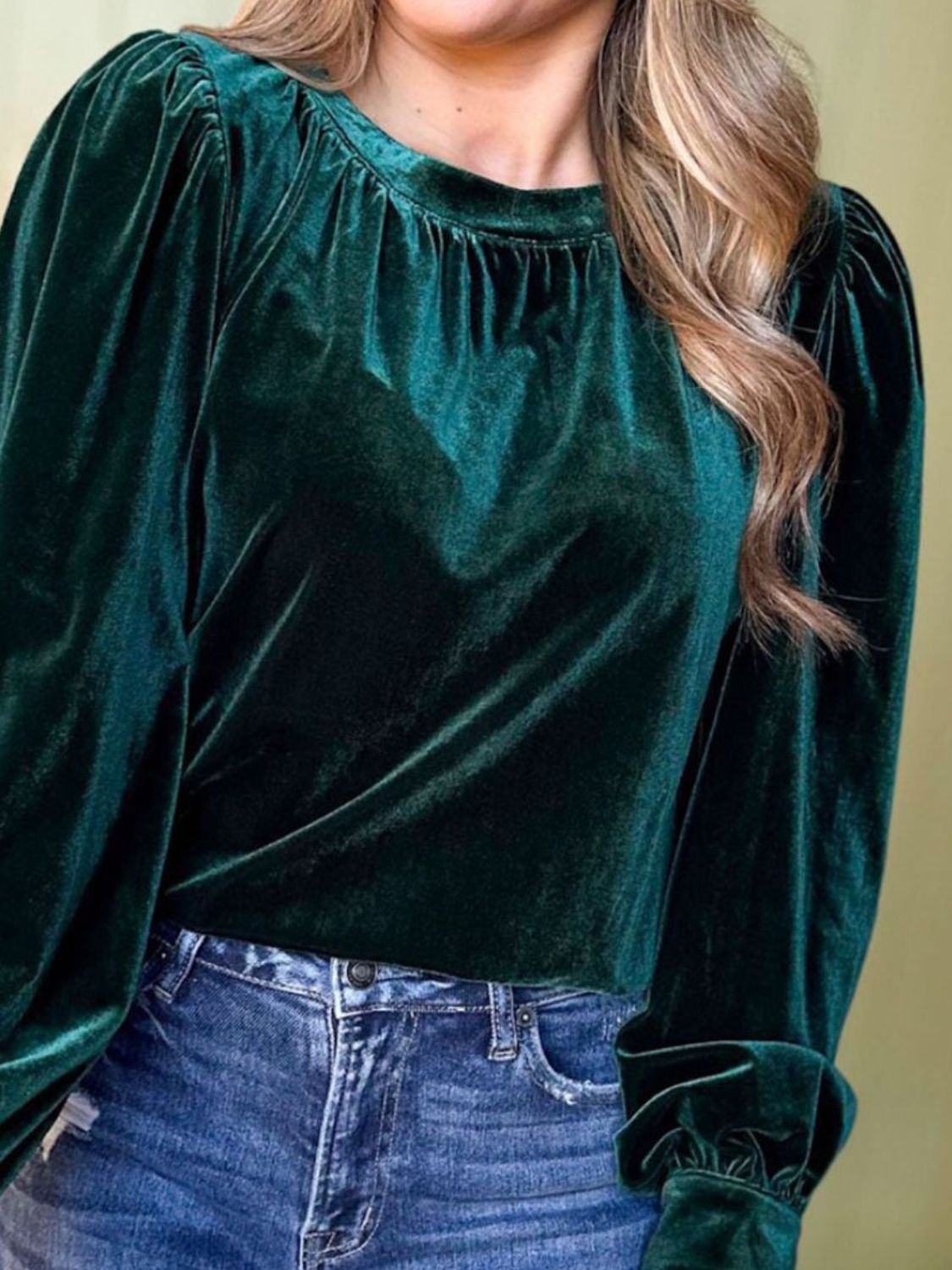 Ruched Round Neck Long Sleeve Blouse