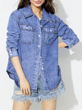 Curved Hem Collared Neck Denim Top