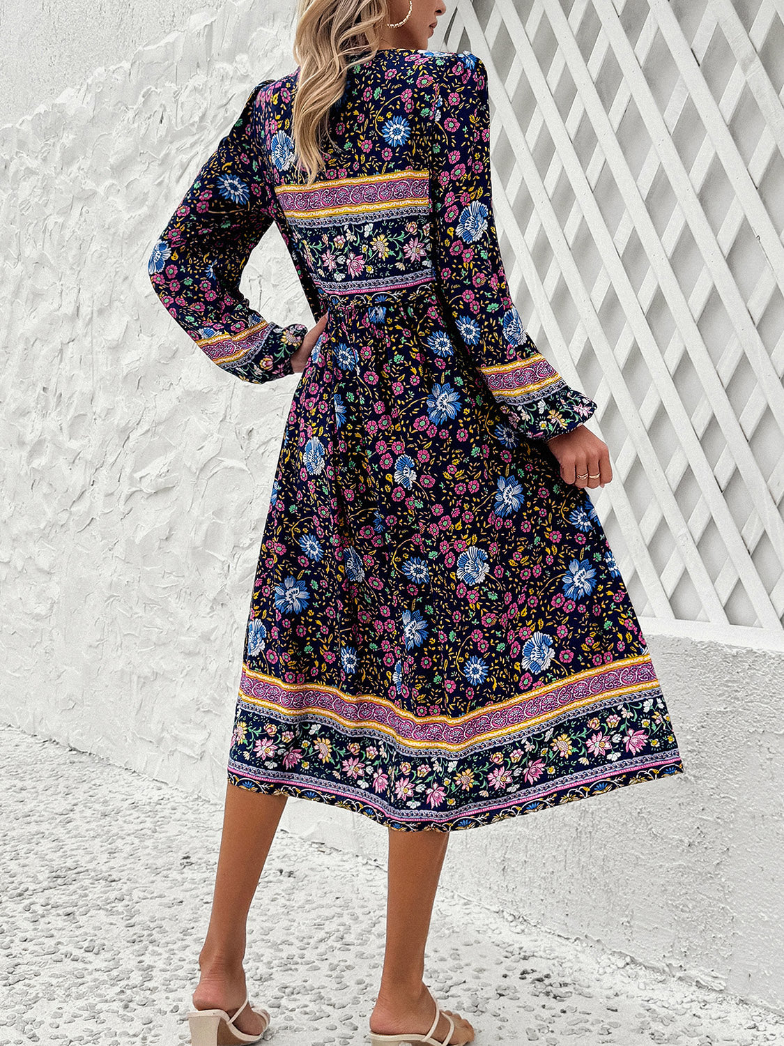 Tassel Tied Printed Long Sleeve Dress