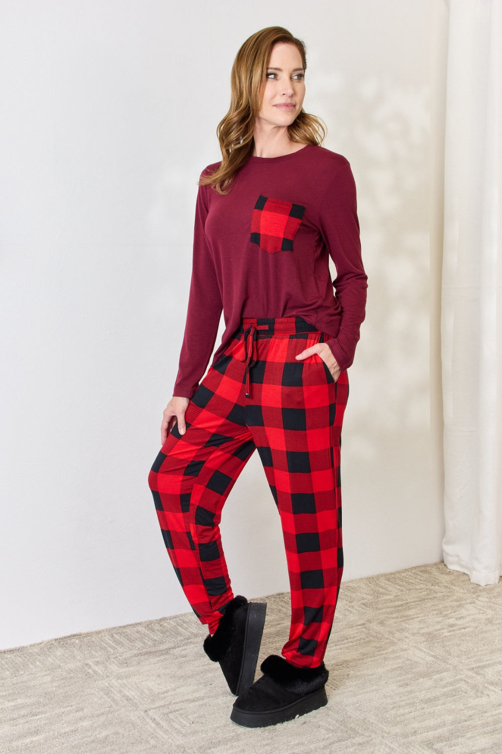 Zenana Full Size Plaid Round Neck Top and Pants Pajama Set