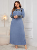 Plus Size Printed Round Neck Long Sleeve Dress