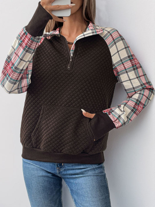 Perfee Plaid Half Zip Long Sleeve Sweatshirt