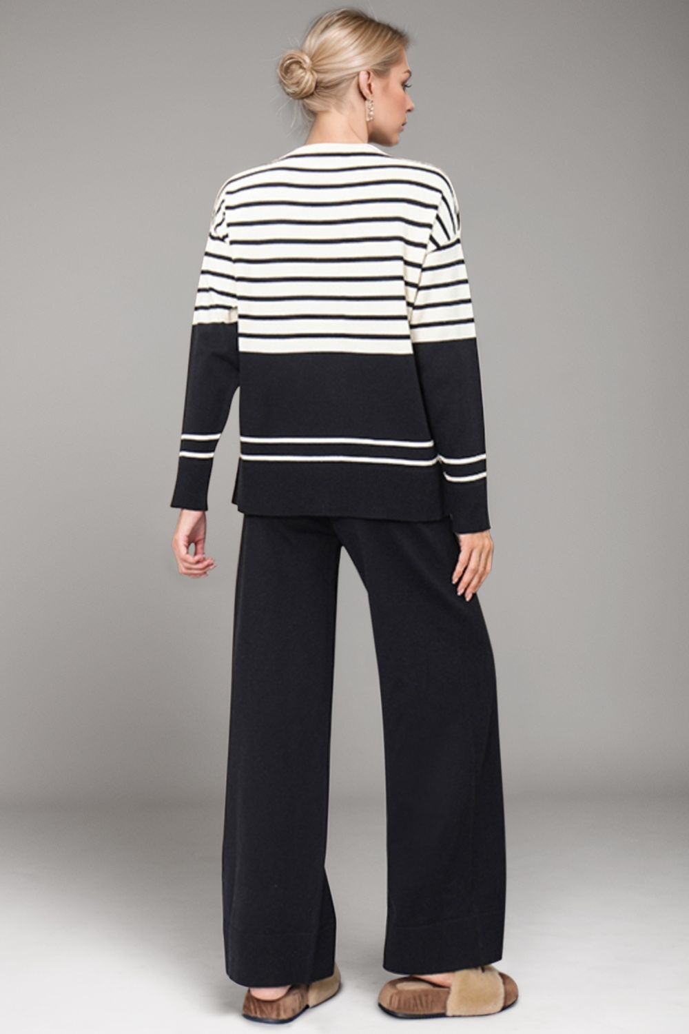 Basic Bae Striped Round Neck Long Sleeve Top and Pants Sweater Set