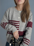 Striped Color Block Round Neck Cardigan