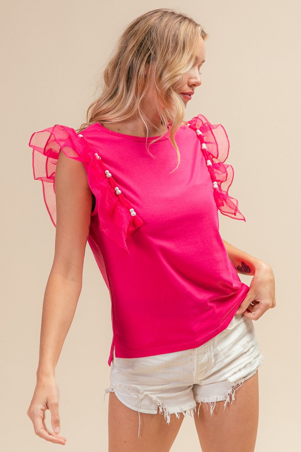 BiBi Pearl Decor Mesh Ruffle Sleeve Top