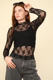 VERY J Mock Neck Fitted Sheer Mesh Lace Blouse