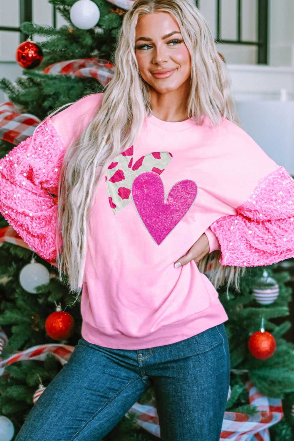 Valentine’s Day Sequin Heart Long Sleeve Sweatshirt