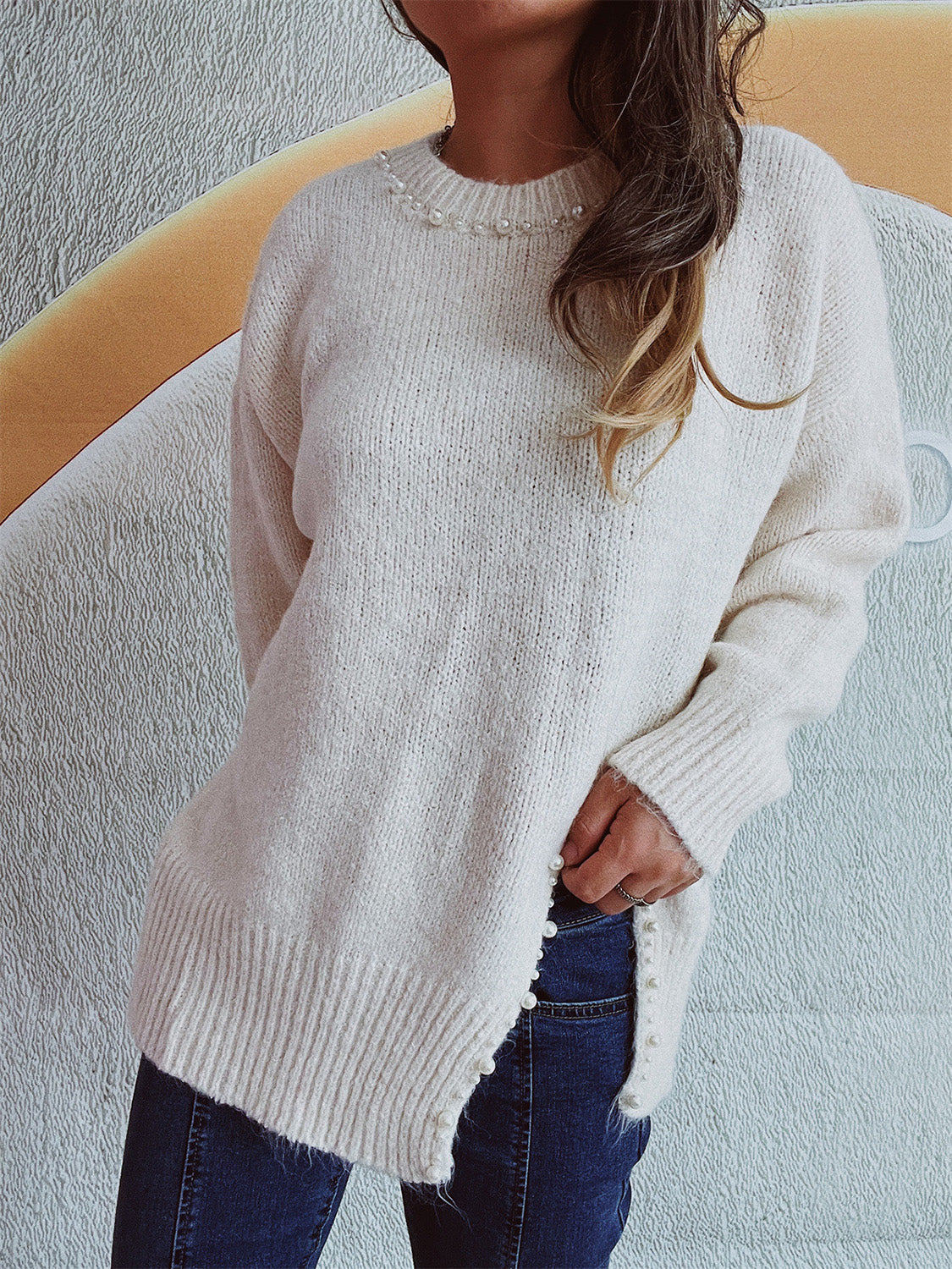 Slit Pearl Trim Round Neck Long Sleeve Sweater