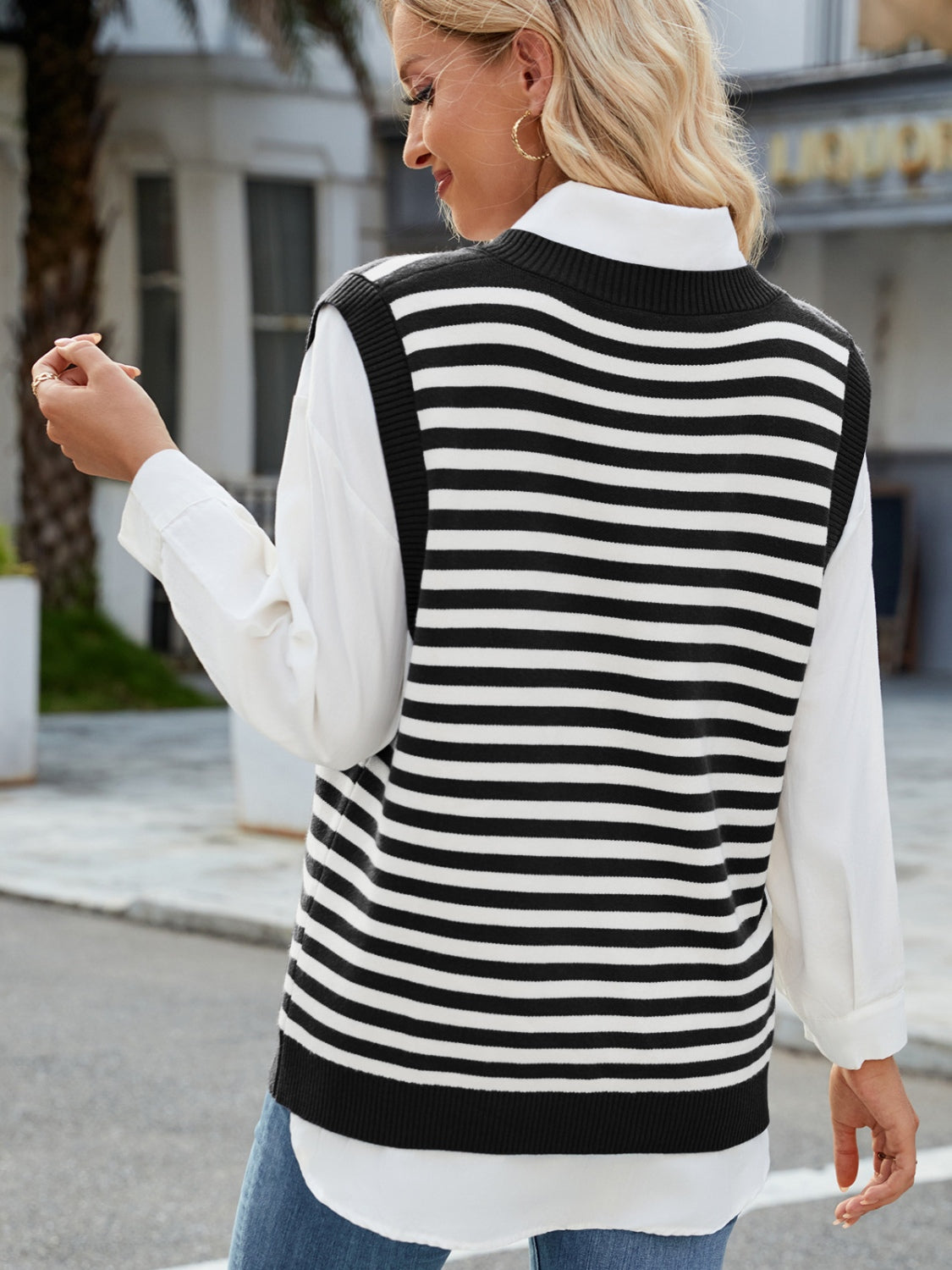 Slit V-Neck Striped Sweater Vest