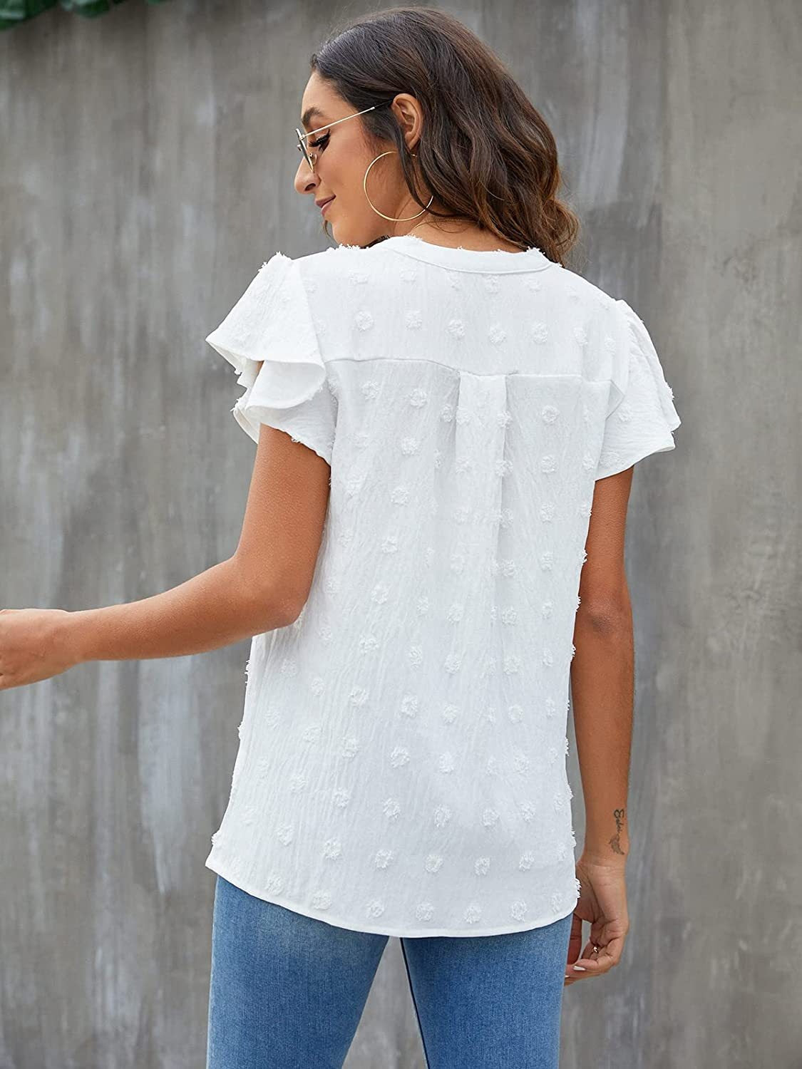 Swiss Dot Notched Flutter Sleeve Blouse