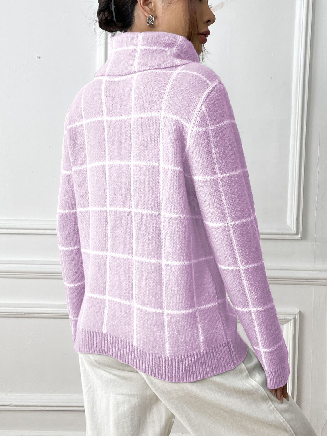 Heart Plaid Turtleneck Long Sleeve Sweater