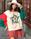 Color Block Star Side Slit Lantern Sleeve Sweatshirt