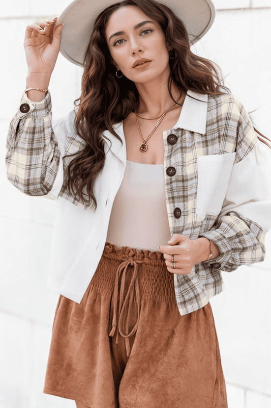 Corduroy Plaid Button Up Drop Shoulder Shacket