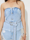 Buttoned Raw Hem Tube Denim Top