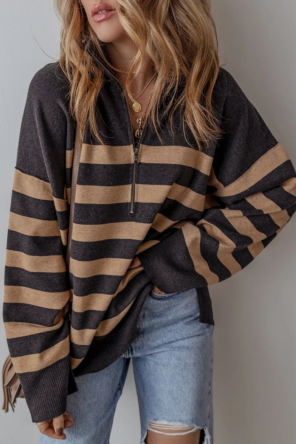 Striped Half Zip Long Sleeve Knit Top