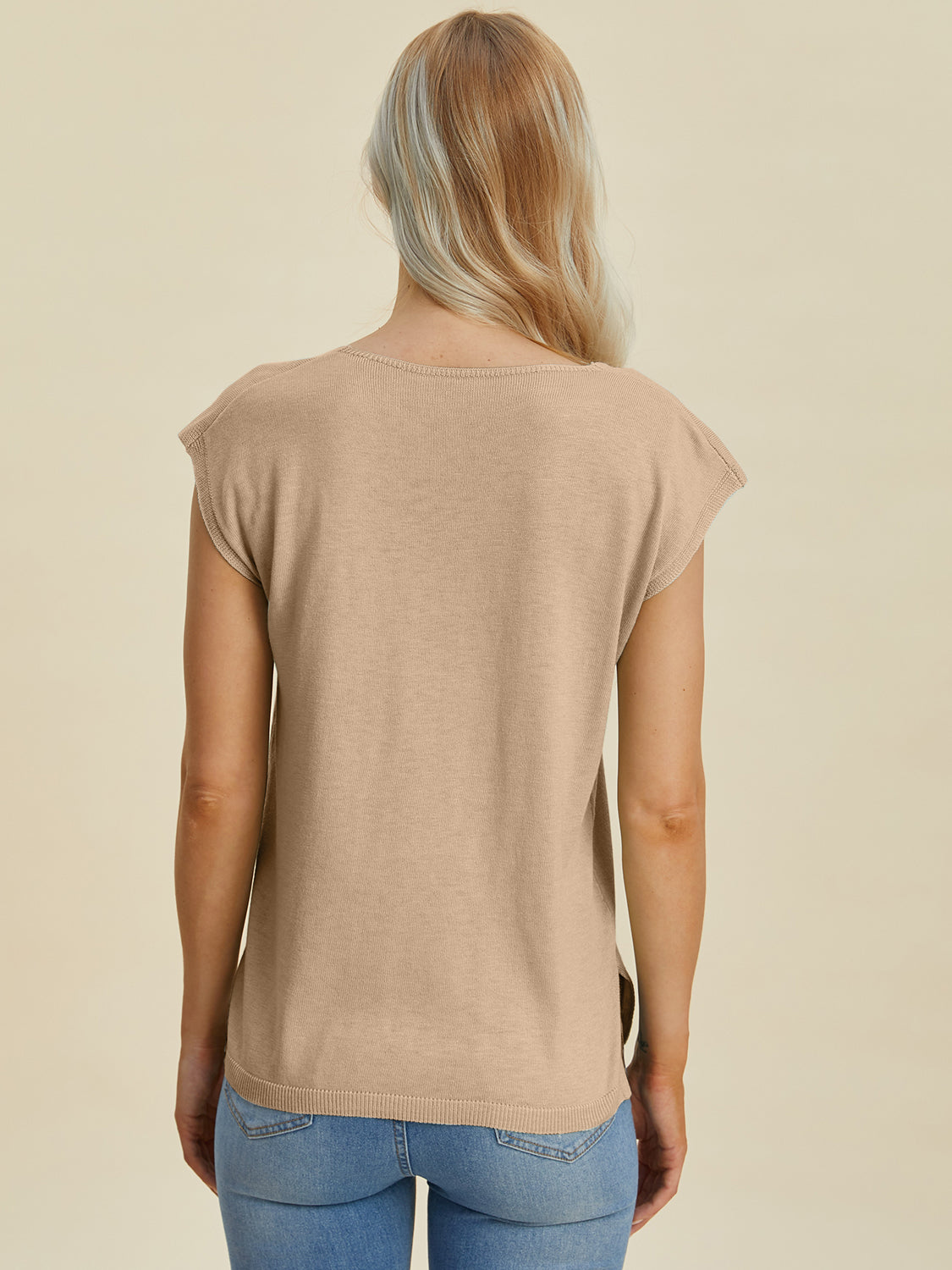 Double Take Full Size Notched Cap Sleeve Knit Top