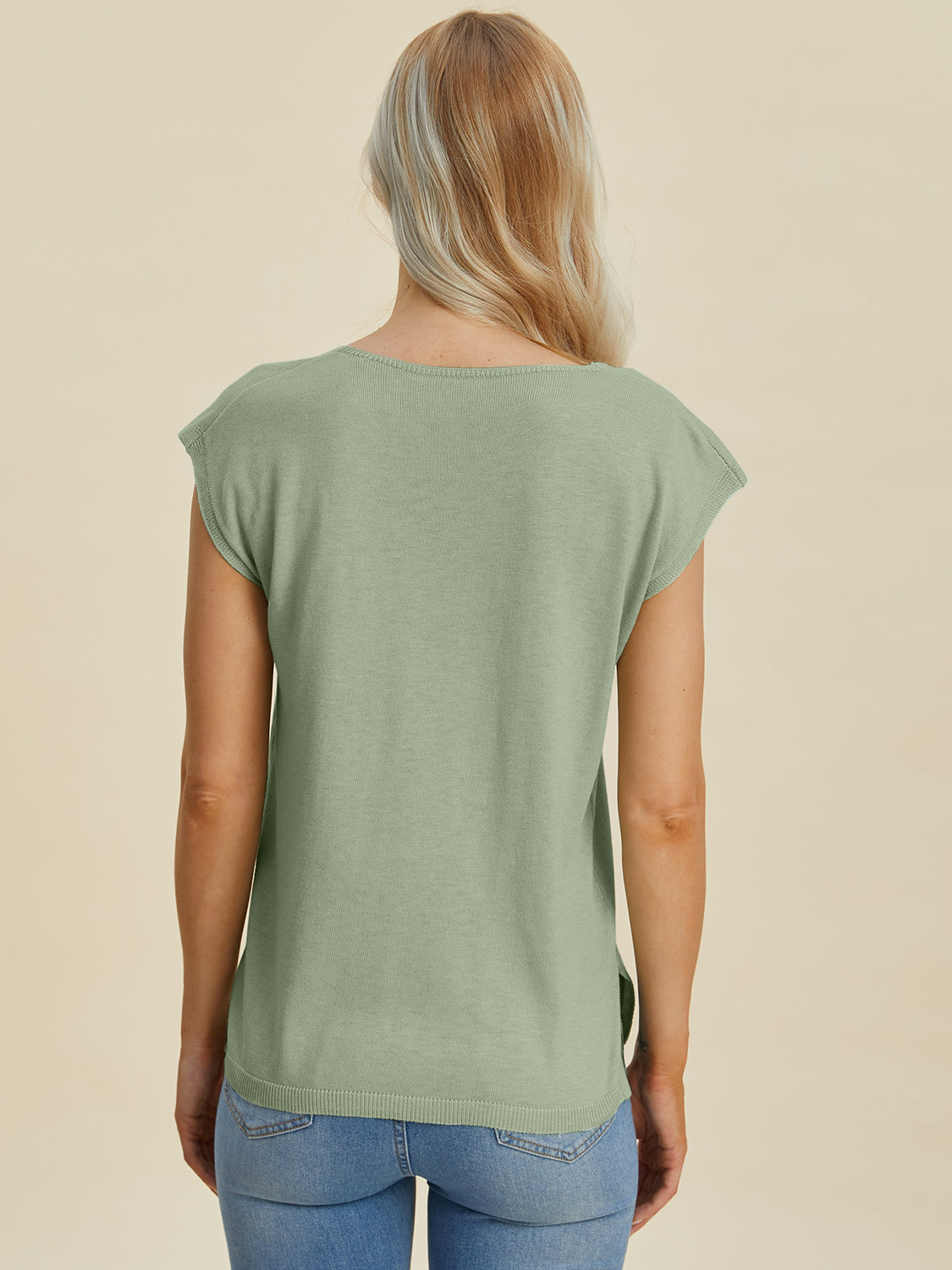 Double Take Full Size Notched Cap Sleeve Knit Top