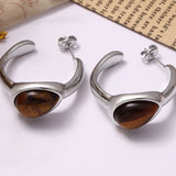 Stainless Steel Natural Tiger's Eye C-Hoop Earrings