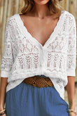 Openwork V-Neck Half Sleeve Cardigan