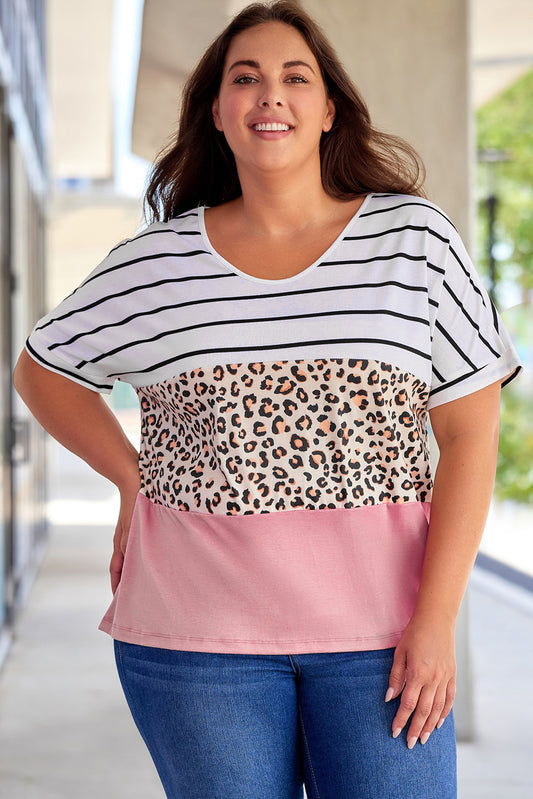 Plus Size Striped Leopard Round Neck Half Sleeve T-Shirt