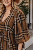 Plus Size Plaid V-Neck Balloon Sleeve Mini Dress