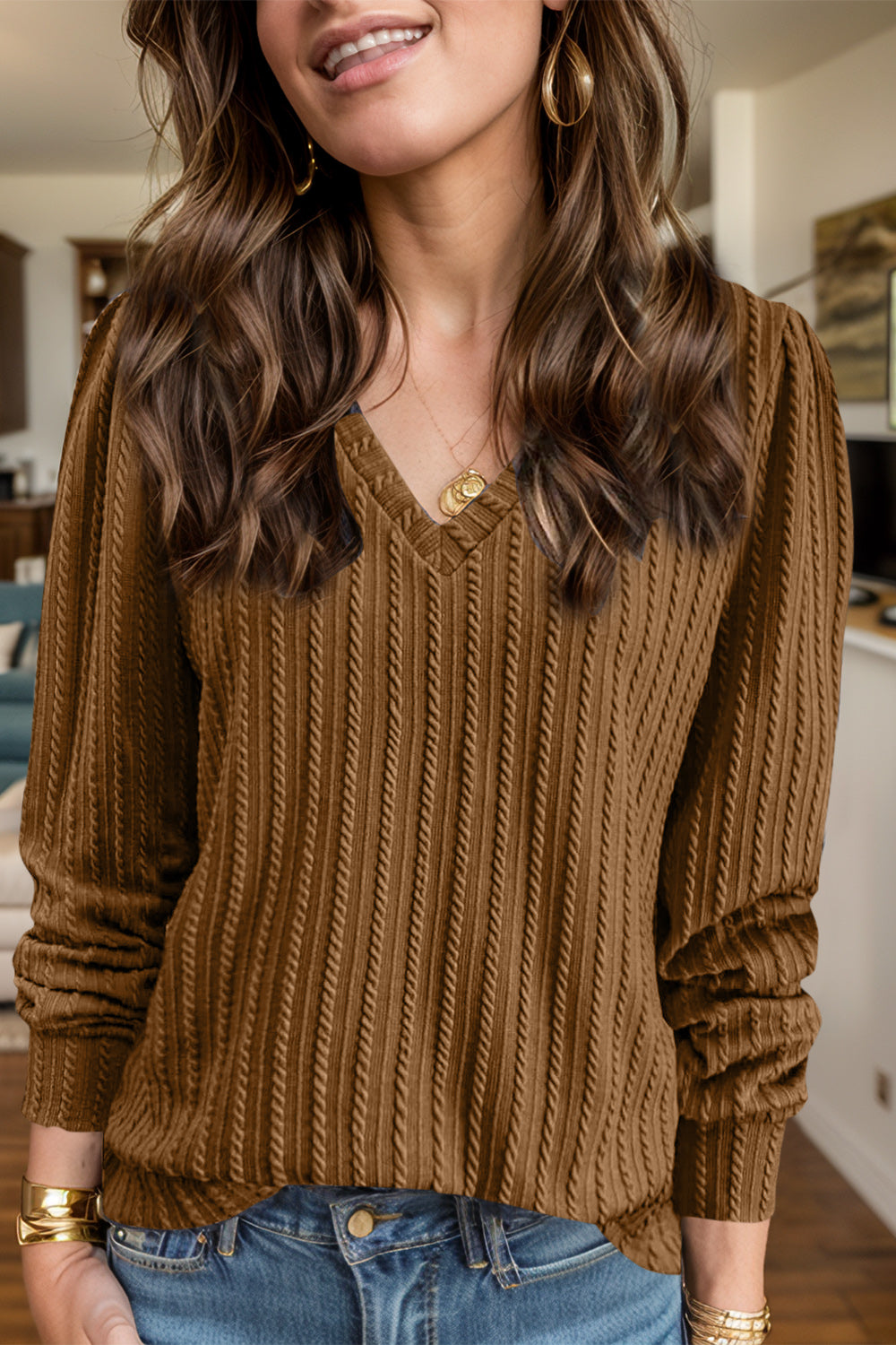 Textured V-Neck Long Sleeve T-Shirt