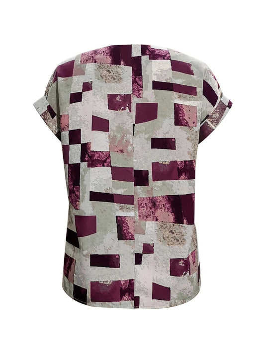 Printed Notched Short Sleeve Blouse