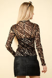 VERY J  Zebra Print Mock Neck Sheer Mesh Blouse