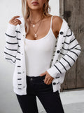 Striped Button Up Long Sleeve Hooded Cardigan