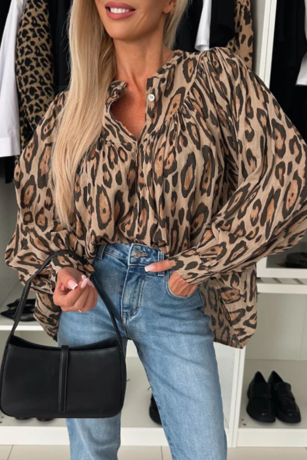 Leopard Notched Long Sleeve Blouse