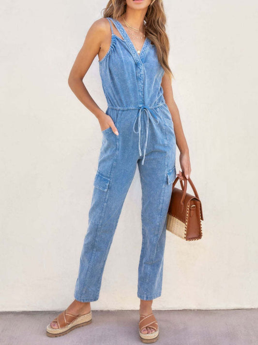 V-Neck Sleeveless Denim Jumpsuit