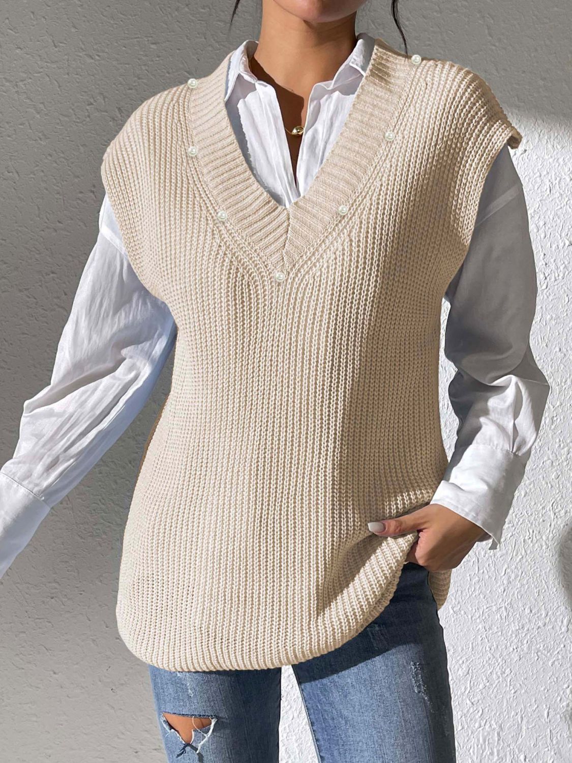 Pearl Trim V-Neck Sweater Vest