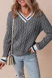 Cable-Knit V-Neck Long Sleeve Sweater