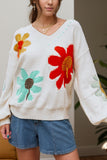 Flower V-Neck Dropped Shoulder Sweater