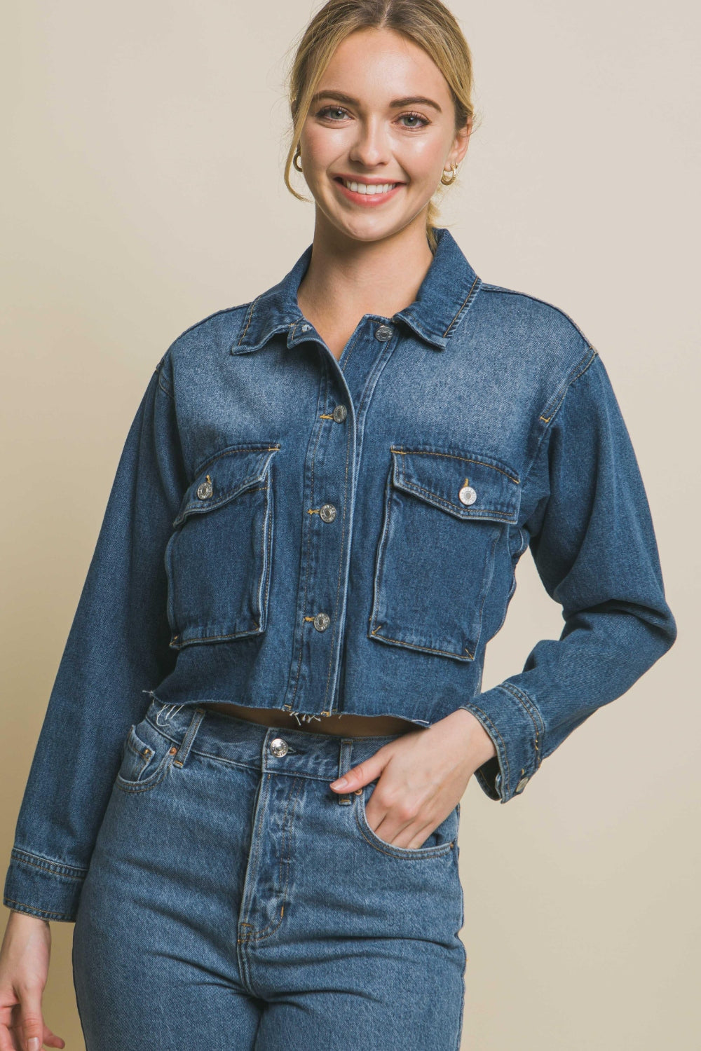 Love Tree Raw Hem Button Up Cropped Denim Jacket