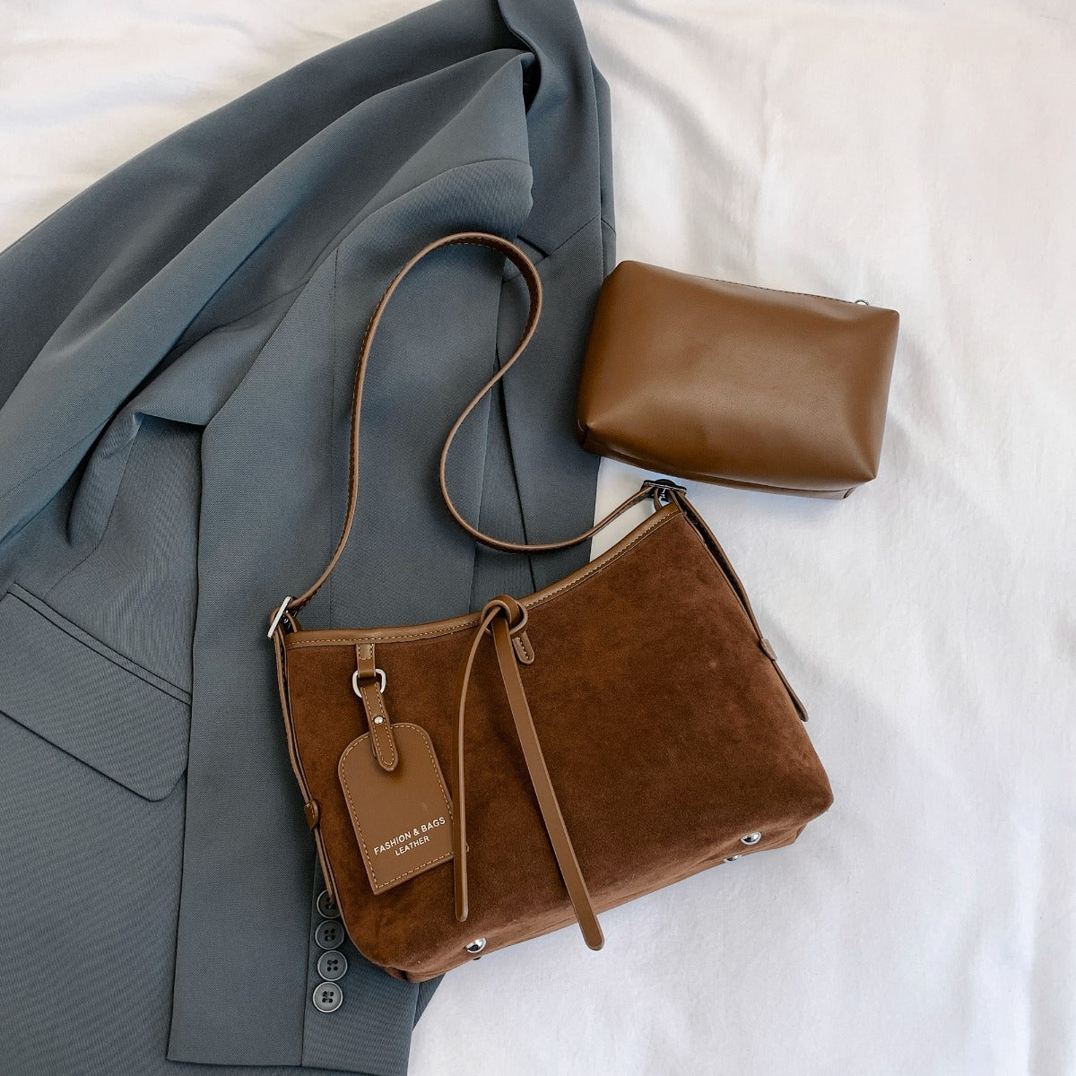 Suede Shoulder Bag and PU Leather Clutch 2 Piece Set