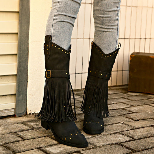 Studded Fringe Block Heel Boots