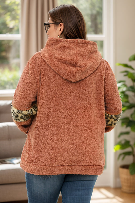 Plus Size Leopard Kangaroo Pocket Long Sleeve Hoodie