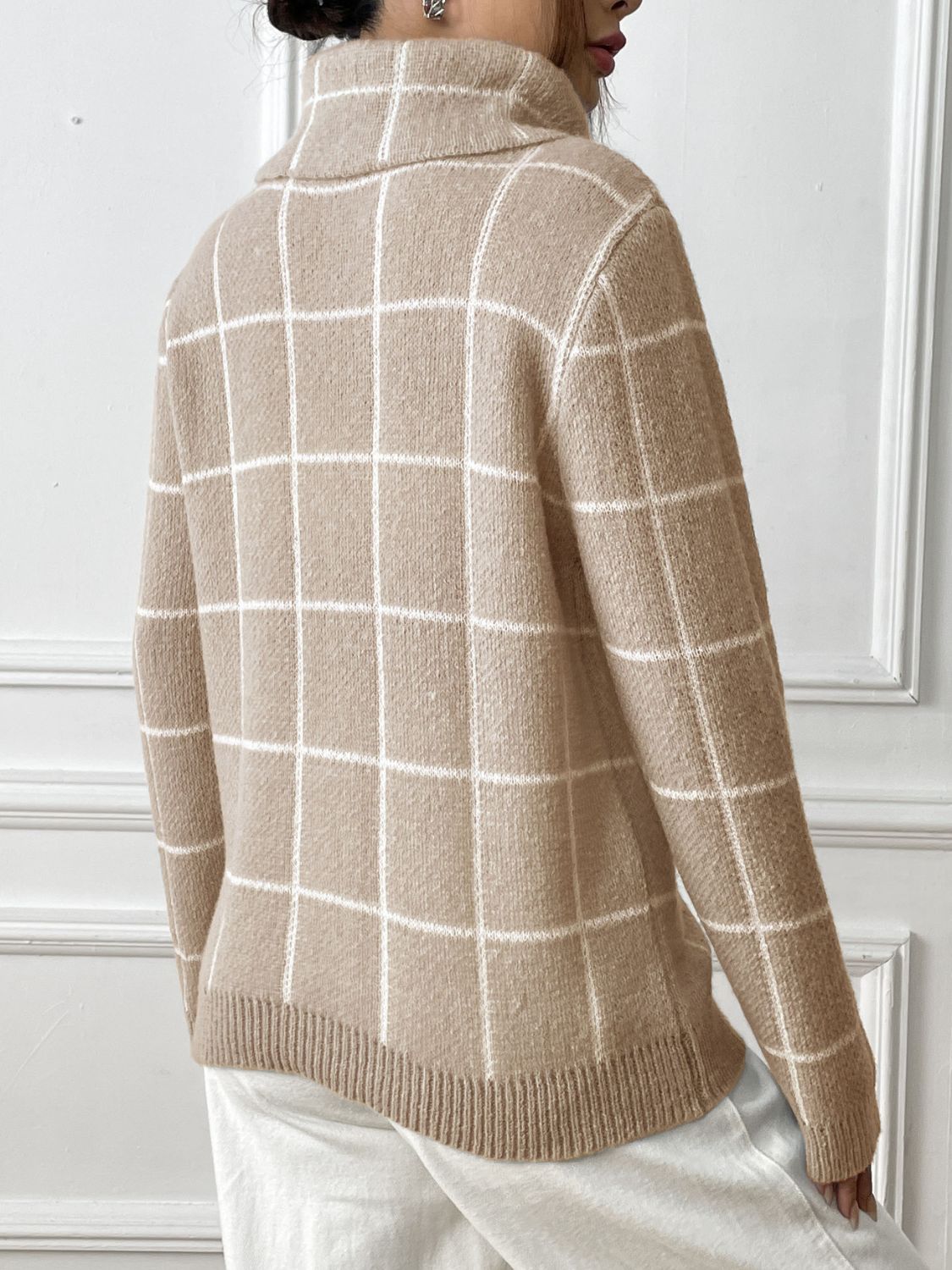 Heart Plaid Turtleneck Long Sleeve Sweater