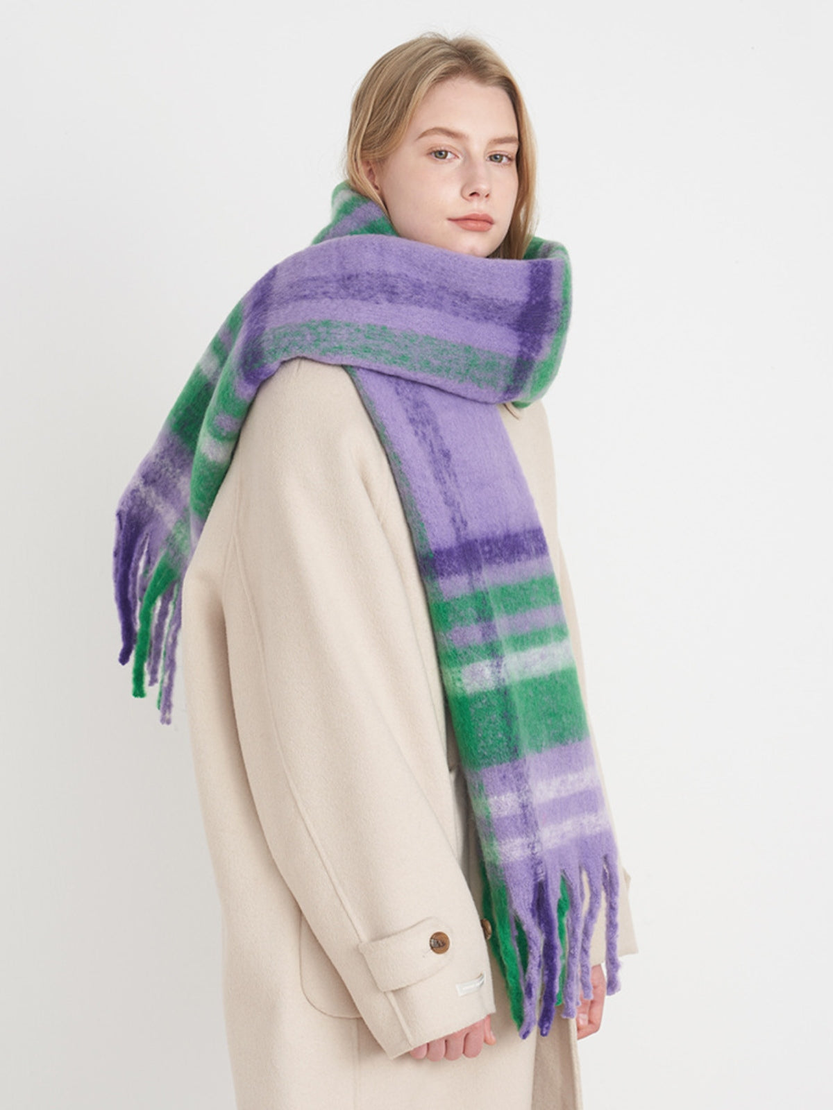 Fringe Plaid Polyester Scarf