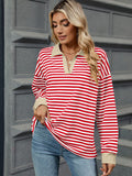 Striped Johnny Collar Long Sleeve Sweatshirt