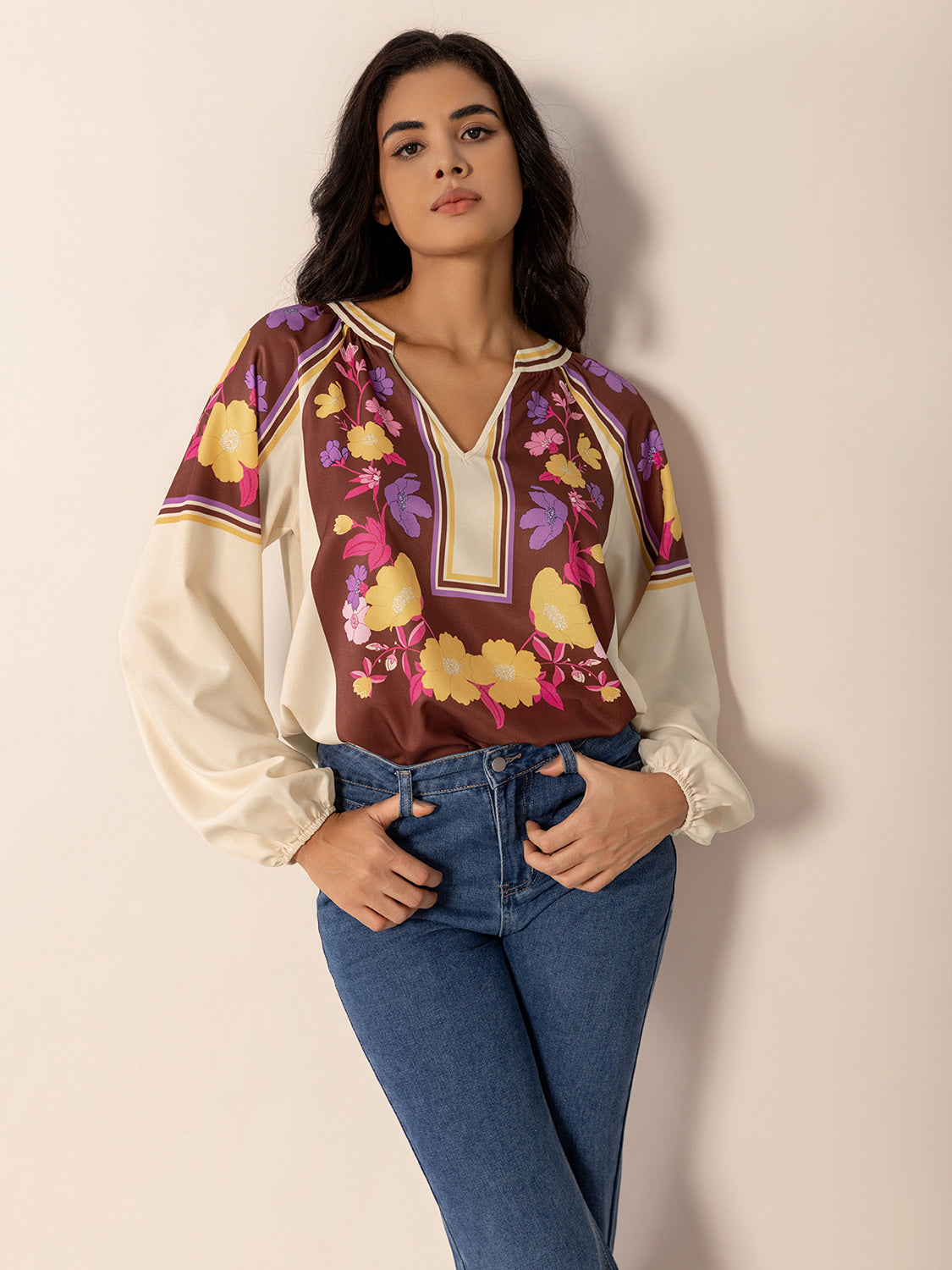 Printed Notched Long Sleeve Blouse