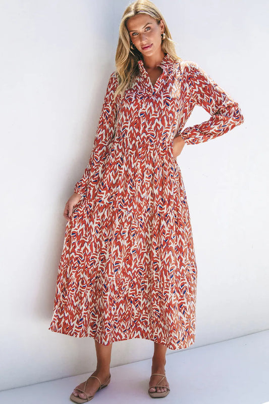 Printed Notched Long Sleeve Dress