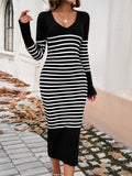 Striped V-Neck Long Sleeve Sweater Dress