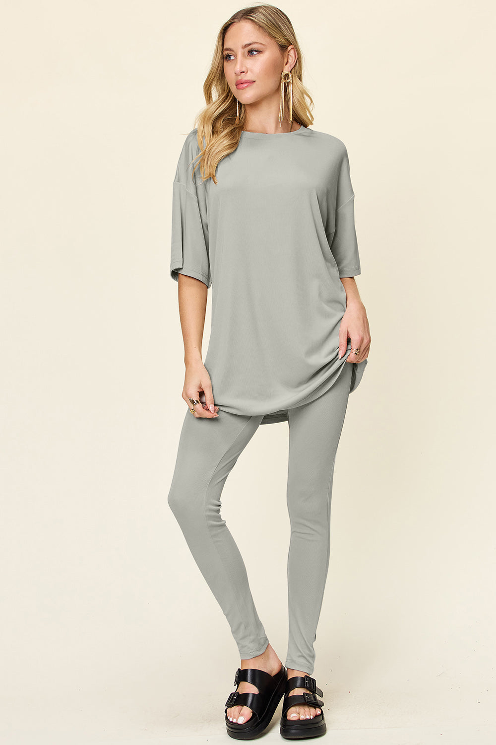 Double Take Full Size Round Neck Dropped Shoulder T-Shirt and Leggings Set
