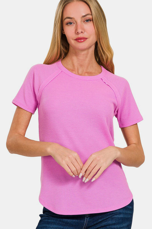 Zenana Round Neck Short Sleeve Waffle T-Shirt