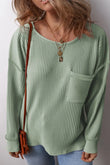 Plus Size Pocketed Ribbed Round Neck Long Sleeve Top