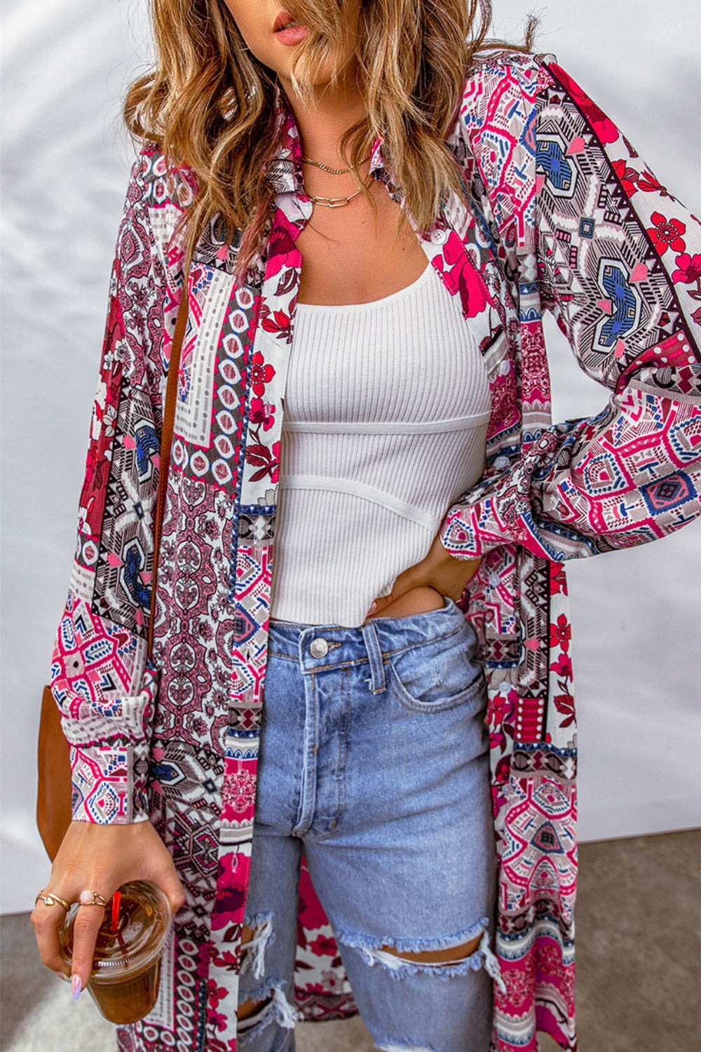 Printed Button Up Long Sleeve Cardigan